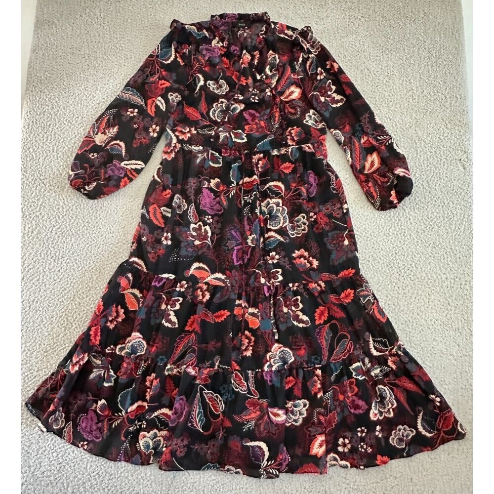 Maia‎ Maxi Dress Tiered Sheer Black Contrast Floral Ruffled